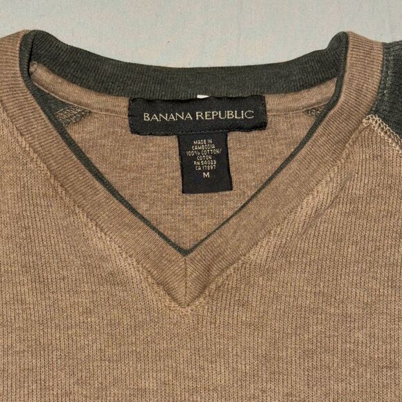Banana Republic Sweater Men's Medium Tan 100% Cotton V-Neck Long Sleeve Pullover - Picture 3 of 6